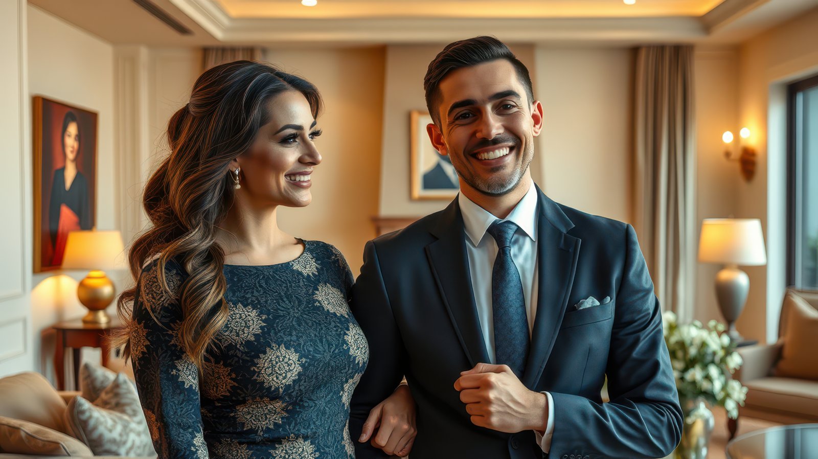 A couple poses for a photo in a luxurious hotel room